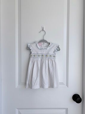 🌼Petit Bebe Floral White Hand Smocked Polka Dot Dress